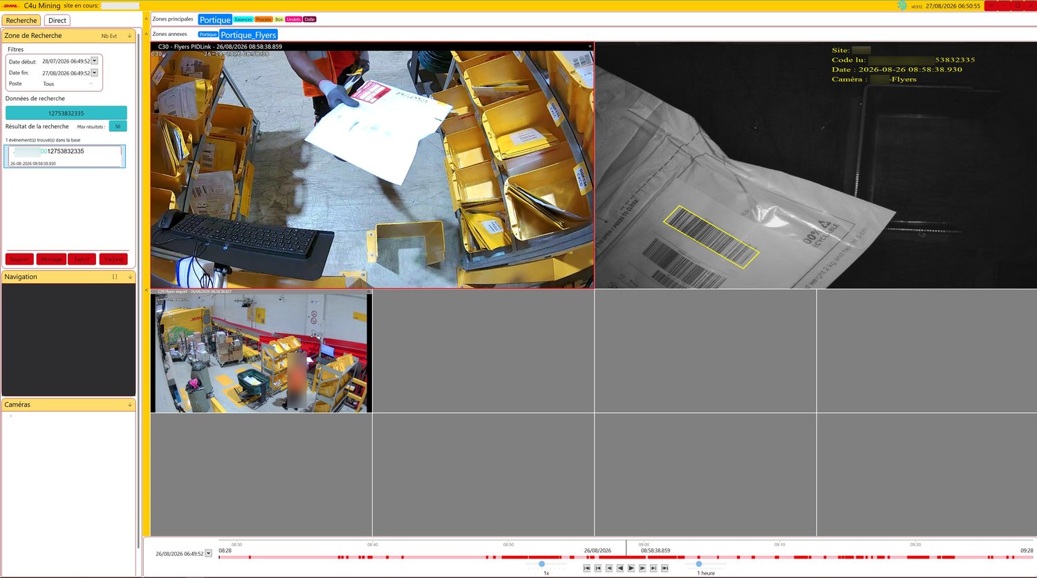 C4u_Mining client: a parcel-number search shows the event found, the gantry view and the site cameras, synchronised to the timestamp.