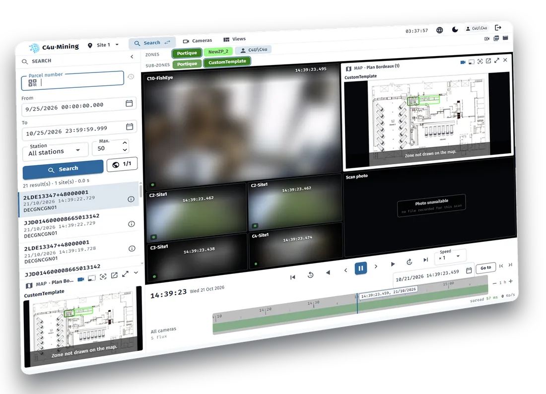 C4u-Mining search screen: list of parcels found, synchronised video wall, site map and playback bar.