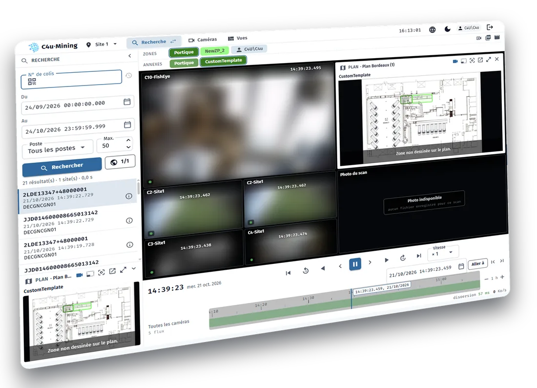 Écran de recherche de C4u-Mining : liste des colis trouvés, mur vidéo synchronisé, plan du site et barre de relecture.